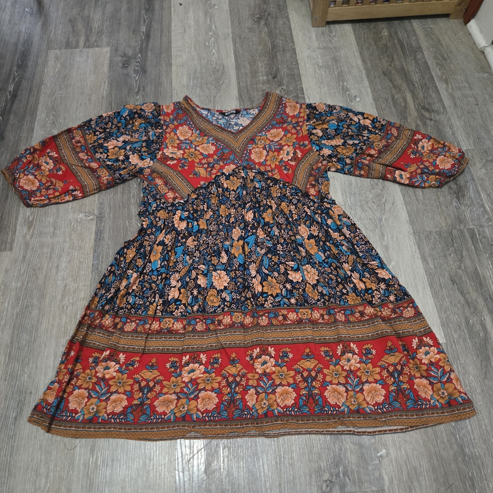 BTFBM Floral Boho 3/4 Sleeve Flowy Women's Large Midi Dress